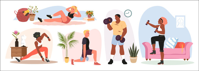 Plakat Cartoon young male and female characters training in living room, active healthy squat, plank and dumbbell steps of athletes indoor. People practice sports exercises at home set vector illustration