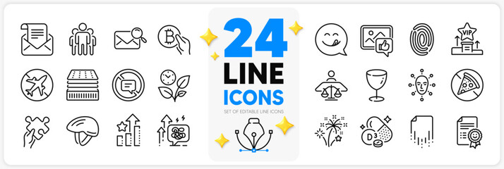 Icons set of Leaves, Fireworks and Yummy smile line icons pack for app with Cholecalciferol, Glass, Prohibit food thin outline icon. Vip podium, Stop talking, Mail newsletter pictogram. Vector