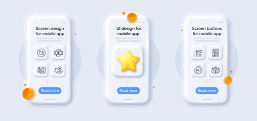 Decreasing graph, Piggy bank and Money change line icons pack. 3d phone mockups with star. Glass smartphone screen. Check investment, Report document, Sale web icon. Vector