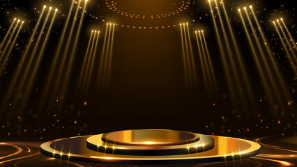 Golden Stage Spotlights Royal Awards Graphics Background. Lights Elegant Shine Modern Template. Luxury Premium Corporate Template. Event Show Backdrop.