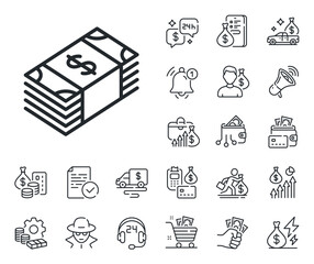 Banking currency sign. Cash money, loan and mortgage outline icons. Cash money line icon. Dollar or USD symbol. Usd currency line sign. Credit card, crypto wallet icon. Inflation, job salary. Vector