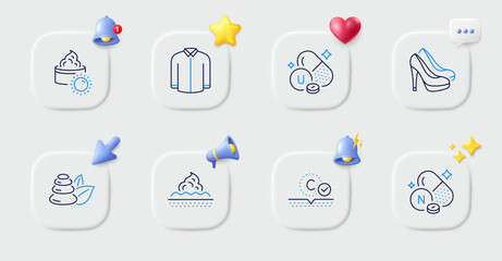 Spa stones, Vitamin u and Shoes line icons. Buttons with 3d bell, chat speech, cursor. Pack of Vitamin n, Collagen skin, Shirt icon. Skin care, Sun cream pictogram. For web app, printing. Vector