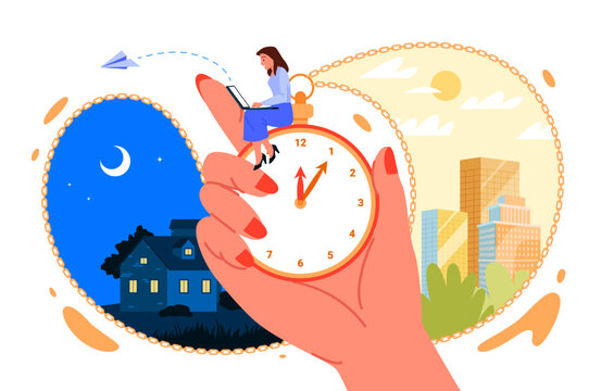 Circadian biological rhythms for work and leisure of person vector illustration. Cartoon human hand holding vintage clock with chain and woman sitting with laptop, night and day city scenes around