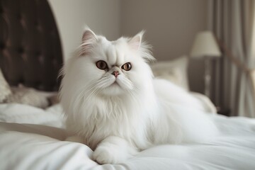 A Persian cat with pristine white fur sitting on a bed as its surroundings blend in, radiating aloofness and comfort. Generative AI