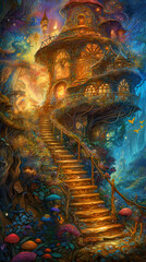generative ai illustration of a fantasy fairy house with a lot of stairs