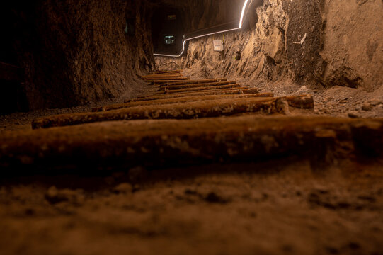 Underground of Bex salt mine in Switzerland. Illuminated walkways at Bex in Switzerland.