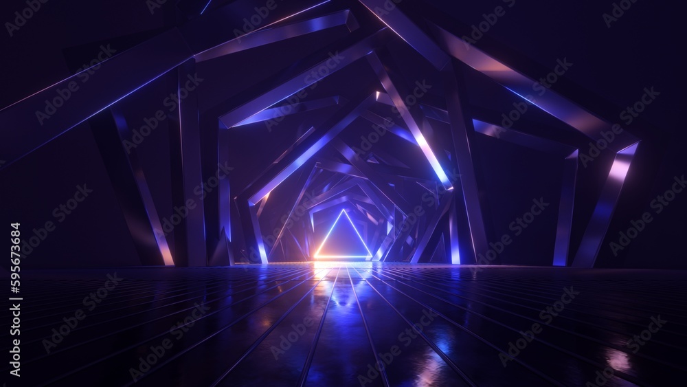 Poster 3d render, abstract geometric neon background with glowing triangular frame. laser linear shape at t