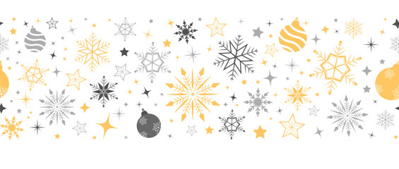 Christmas holiday seamless border design for wishing and greeting cards. 
Snowflakes, stars ad christmas ball ornaments vector illustration pattern in gold, gray and black.