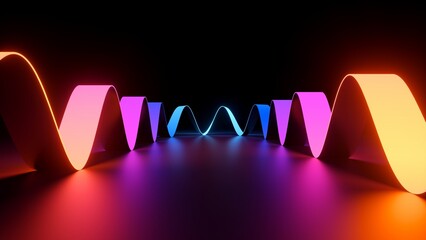 3d rendering, abstract background with wavy colorful ribbon inside the black room © wacomka