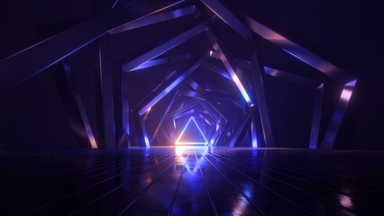 Naklejka premium 3d render, abstract geometric neon background with glowing triangular frame. Laser linear shape at the end of dark tunnel