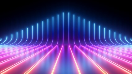 Fototapeta 3d render, abstract minimal neon background, pink blue neon lines going up, glowing in ultraviolet spectrum. Cyber space. Laser show. Futuristic wallpaper obraz