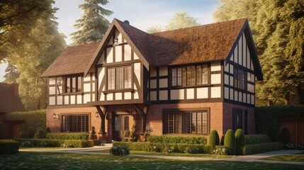 Fototapeta na wymiar Tudor exterior house design in daytime golden hour generative ai