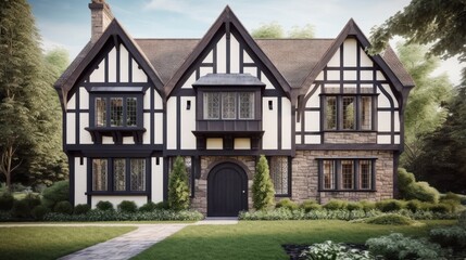 Fototapeta premium Tudor exterior house design in daytime golden hour generative ai