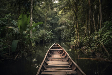 Fototapeta premium adventure, on a wooden raft along a river, in the jungle. fictional place. Generative AI