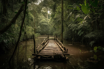a wooden small bridge along a river, in the jungle. fictional place. Generative AI