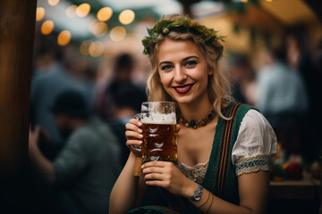 smiling woman in dirndl with a mug of beer, mug full of beer, at a folk festival or oktoberfest, fictional place. Generative AI