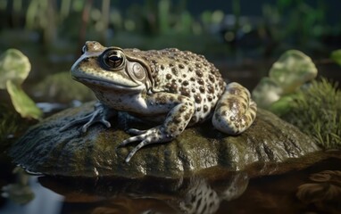 Fototapeta premium A frog or toad sits on a lily pad in a pond swamp background rainforest frog Generative AI