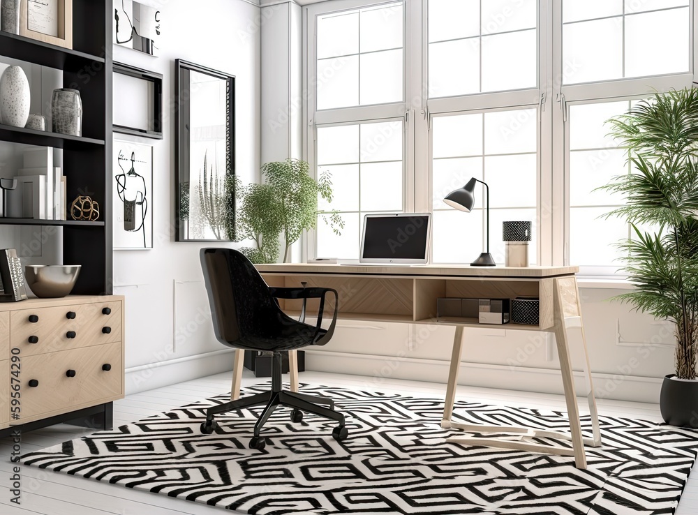 Poster modern computer on table in office interior. stylish workplace created with generative ai technology