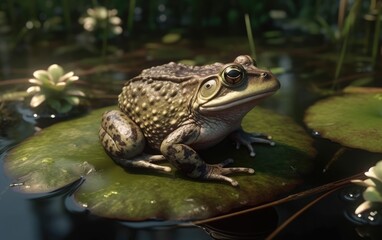 Fototapeta premium A frog or toad sits on a lily pad in a pond swamp background rainforest frog Generative AI