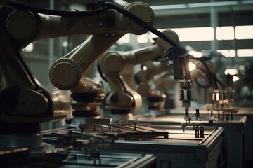 Fototapeta premium robotic arms for autonomous manufacturing in production line, fictional product, artificial intelligence production and manufacturing. Generative AI