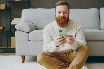 Fototapeta na wymiar Young happy ginger man wear casual clothes hold in hand use mobile cell phone sits near grey sofa couch stay at home hotel flat rest relax spend free spare time in living room indoor. Lounge concept.