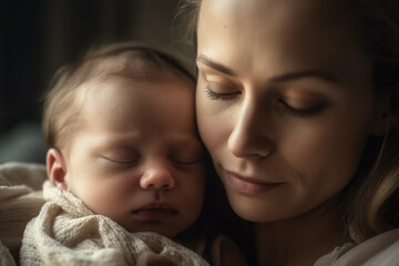Close up view of mother and her sleeping newborn baby. Generative AI