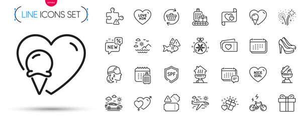 Pack of Shoes, Spf protection and Home grill line icons. Include Fireworks, Love letter, Fish pictogram icons. Nice girl, New, Car travel signs. Love gift, Baggage belt, Tickets. Puzzle. Vector
