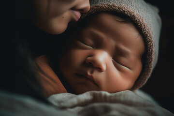 Close up view of mother and her sleeping newborn baby. Generative AI