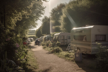 caravan campsite summer sunshine. Generative AI