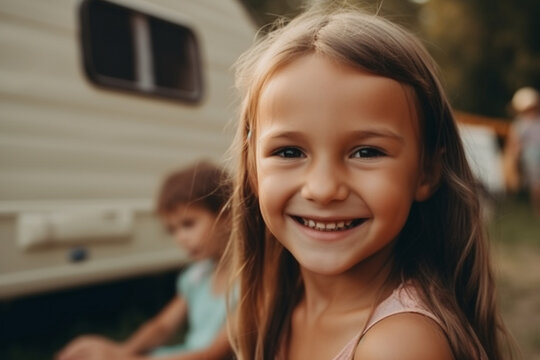 child and caravan campsite in summer sunny day. Generative AI