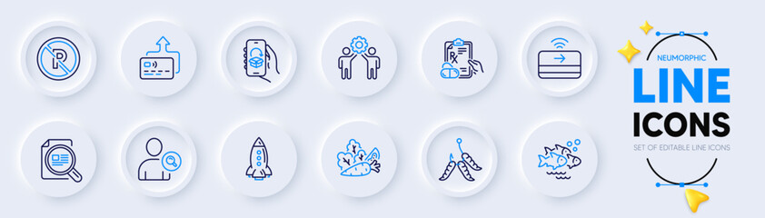 Fototapeta na wymiar Find user, Maggots and Prescription drugs line icons for web app. Pack of Employees teamwork, Delivery app, Card pictogram icons. Check article, Fish school, Rocket signs. Vegetables. Vector