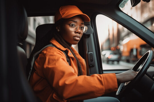 african-american female courier, drives a truck or bus. Generative AI