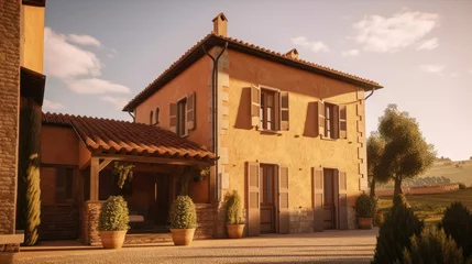 Fotobehang Tuscan exterior house design in daytime golden hour generative ai © Hixel