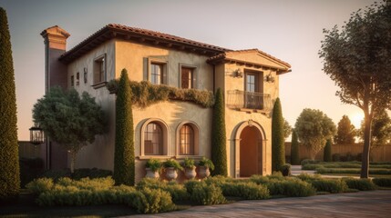 Fototapeta na wymiar Tuscan exterior house design in daytime golden hour generative ai