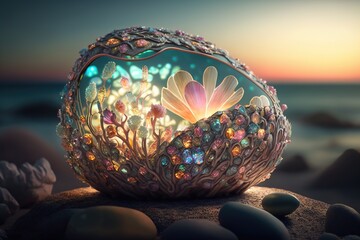 A beautiful glowing carnival glass faberge sculpture on a rocky beach - obrazy, fototapety, plakaty