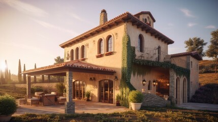 Tuscan exterior house design in daytime golden hour generative ai
