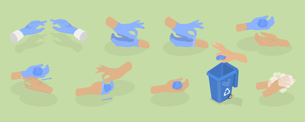 3D Isometric Flat Vector Conceptual Illustration of How To Remove Disposable Gloves, Health Safety Infographic