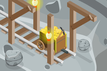 3D Isometric Flat Vector Conceptual Illustration of Old Gold Mine, Underground Tunnel with Railway