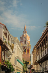 Cartagena de Indias. Emblematic photograph of the cathedral. Trip to Colombia. Cartagena streets. - obrazy, fototapety, plakaty