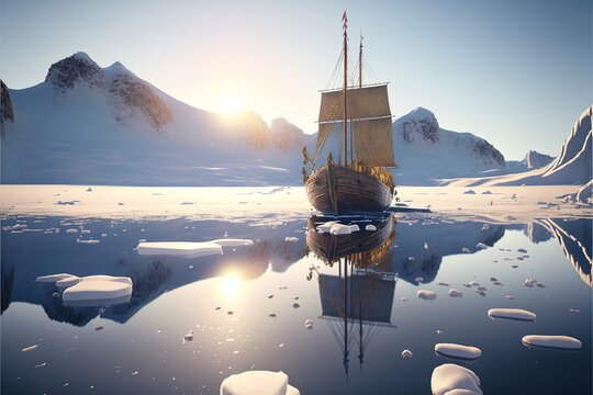 A sailboat that is stuck in ice in the Arctic, frozen sea.