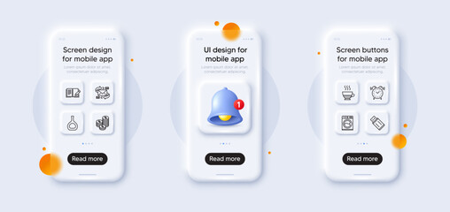 Usb flash, E-mail and Alarm clock line icons pack. 3d phone mockups with bell alert. Glass smartphone screen. Doppio, Cognac bottle, Washing machine web icon. Coins, Feedback pictogram. Vector