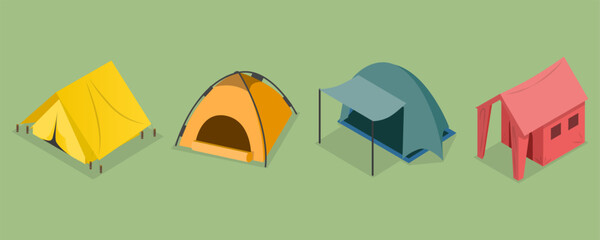 3D Isometric Flat Vector Set of Camping Travel Tents, Outing Equipment