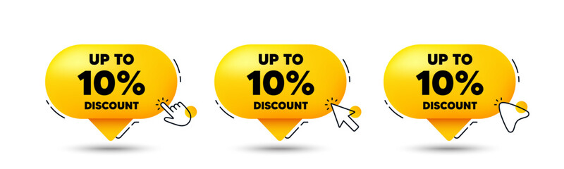 Up to 10 percent discount tag. Click here buttons. Sale offer price sign. Special offer symbol. Save 10 percentages. Discount tag speech bubble chat message. Talk box infographics. Vector