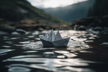 Fototapeta na wymiar Concept of ascent and leadership with paper boat. Generative AI