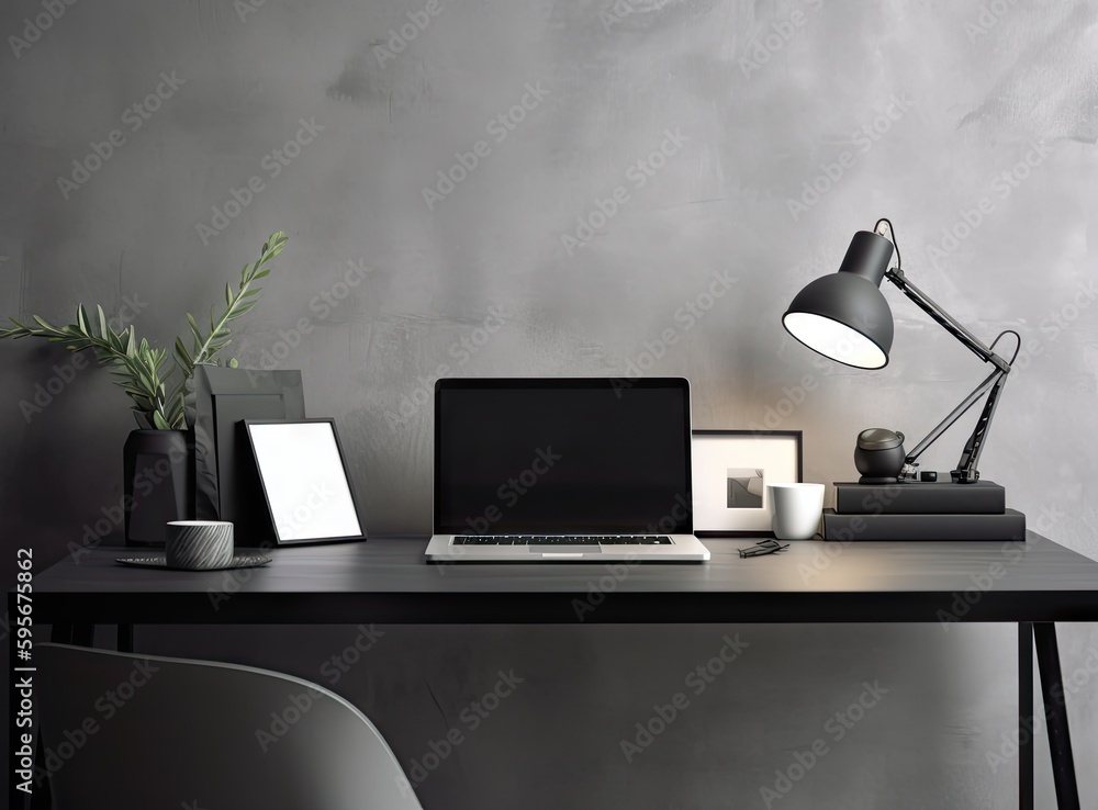Poster modern computer on table in office interior. stylish workplace created with generative ai technology