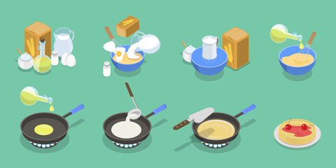 3D Isometric Flat Vector Conceptual Illustration of Pancake Recipe, Step by Step Instructions