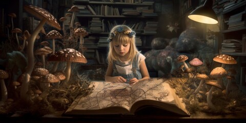 child reading a fantasy book surrounded by imaginary mushrooms
