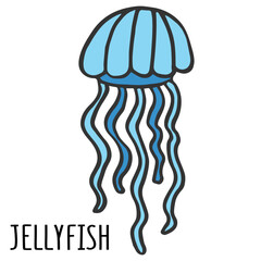 Fototapeta premium Blue jellyfish on a white background. Ocean element for books, stickers, print. Cartoon vector illustration.