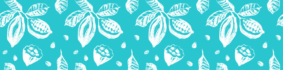 Cocoa beans seamless pattern. Vector hand-drawn Cacao beans background for chocolate packaging ornament or powder. Old-fashioned cocoa plant illustrations for Bean to Bar label. Organic cacao butter.