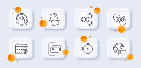 Smartphone waterproof, Chemical formula and Calendar graph line icons pack. 3d glass buttons with blurred circles. Timer, Medical support, Internet pay web icon. Vector